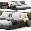 Modern Double Bed With Tufted Gray Headboard White Pillows And Dark Nightstand 3d model