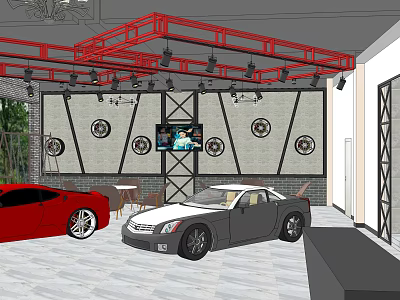 Car Dealership Showroom With Red Ceiling Structure Sports Cars And Wheel Decorations 3d model