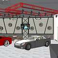 Car Dealership Showroom With Red Ceiling Structure Sports Cars And Wheel Decorations