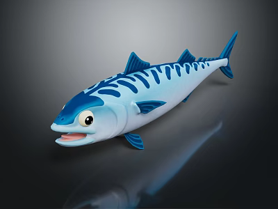 Cute Blue And White Striped Cartoon Fish With Open Mouth And Cheerful Look 3d model