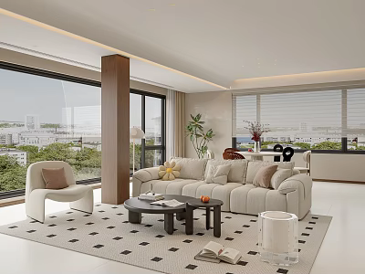Modern Living Dining Room Interior With Large Windows City View Beige Sofa And Coffee Table 3d model