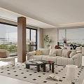 Modern Living Dining Room Interior With Large Windows City View Beige Sofa And Coffee Table