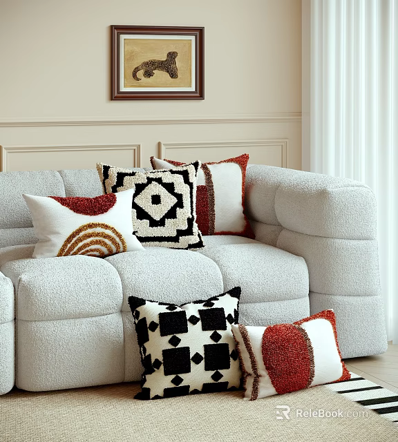 Decorative Throw Pillows On Cozy Sofa With Geometric Patterns Red White Black Colors 3d model 