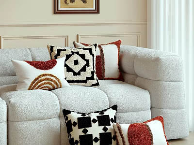 Decorative Throw Pillows On Cozy Sofa With Geometric Patterns Red White Black Colors 3d model