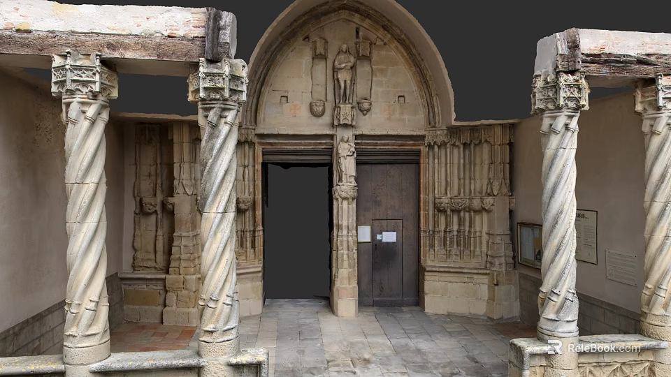 Historic Urban Architectural Building Entrance With Arched Doorway Carvings And Stone Columns 3d model 