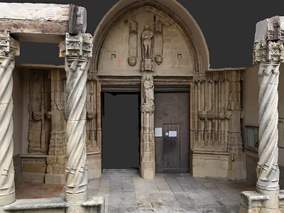 Historic Urban Architectural Building Entrance With Arched Doorway Carvings And Stone Columns 3d model