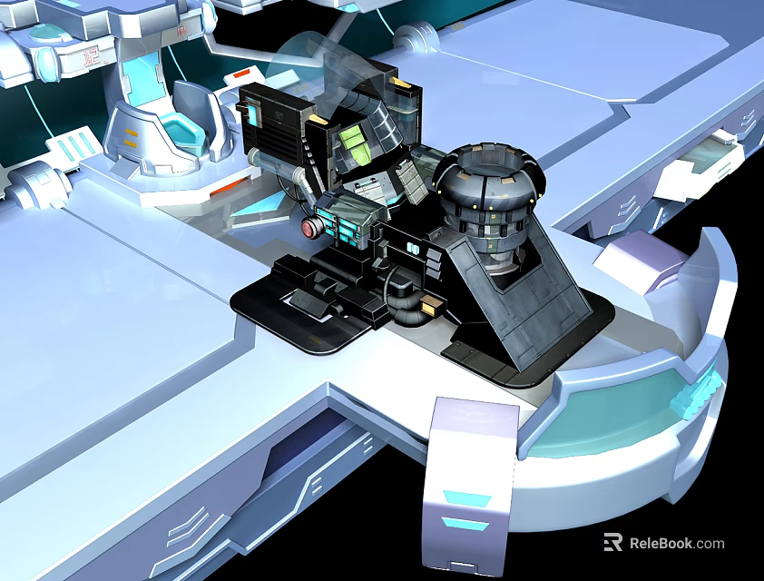 Cartoon Sci Fi Scene With Futuristic Control Console Blue Black Tones Glowing Lines Mechanical Structures 3d model