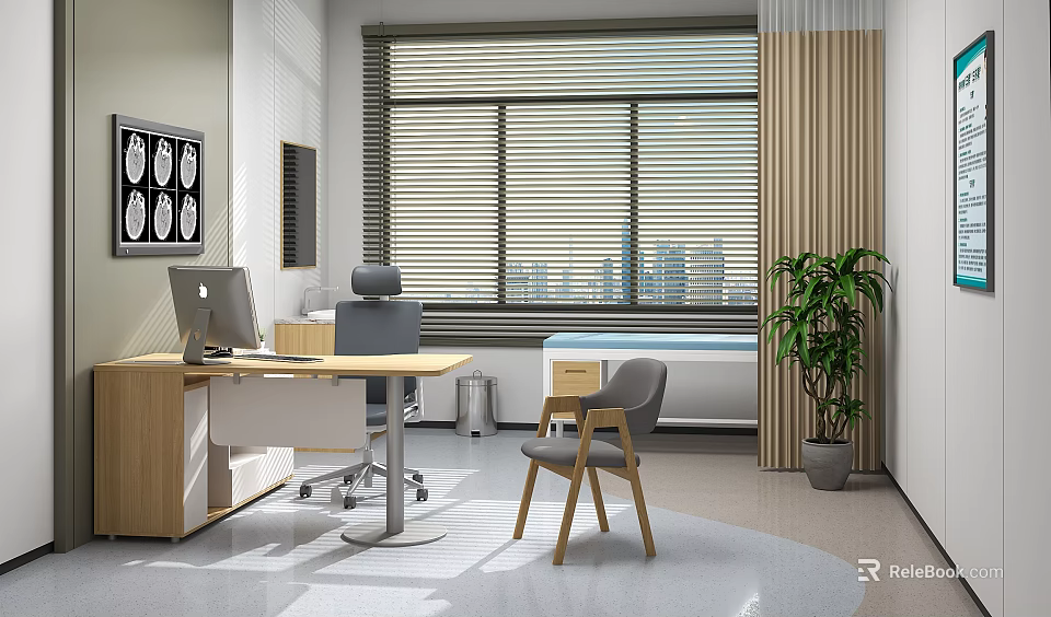 Hospital Outpatient Clinic Interior with Desk Computer Chairs Window Blinds Plant and X ray 3d model 