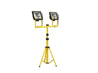 Grille Lights with Two Lamp Heads Mounted on Yellow Tripod Stand 3d model