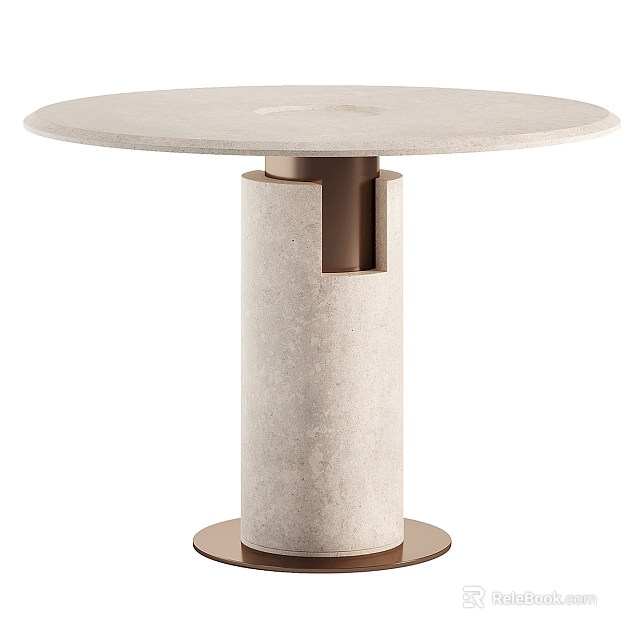 Modern Round Dining Table With Neutral Concrete Top And Brass Cylindrical Base 3d model 