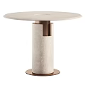 Modern Round Dining Table With Neutral Concrete Top And Brass Cylindrical Base