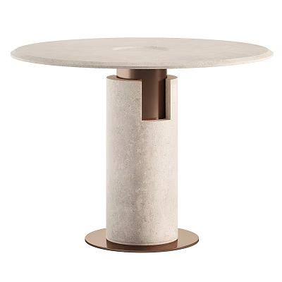 Modern Round Dining Table With Neutral Concrete Top And Brass Cylindrical Base 3d model