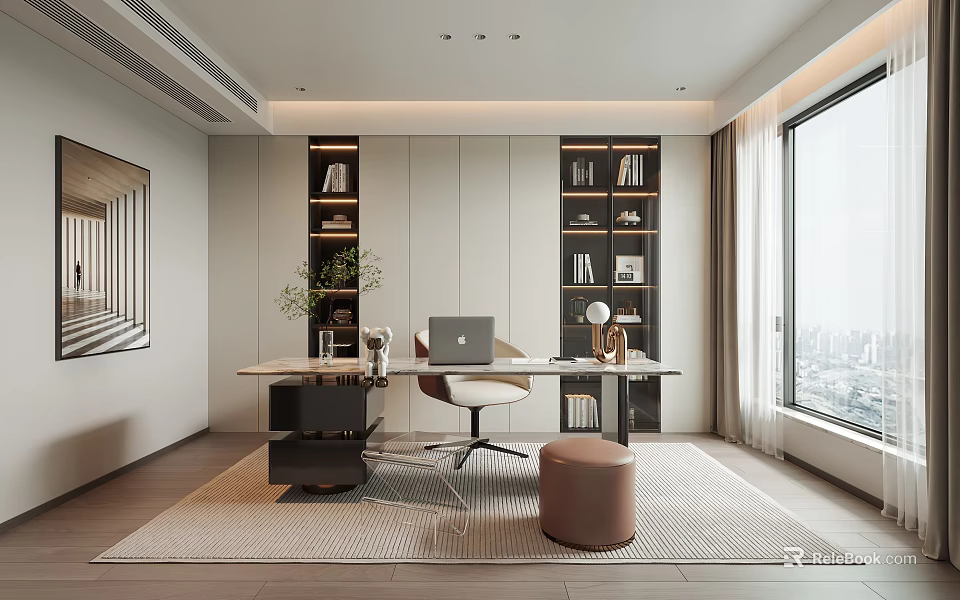 Modern Study Room Interior With Wooden Desk Laptop Bookshelves Chair And Floor to Ceiling Window 3d model 