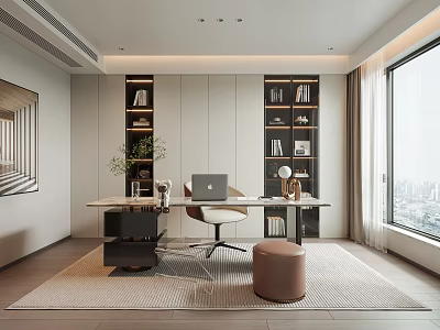 Modern Study Room Interior With Wooden Desk Laptop Bookshelves Chair And Floor to Ceiling Window 3d model