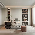Modern Study Room Interior With Wooden Desk Laptop Bookshelves Chair And Floor to Ceiling Window