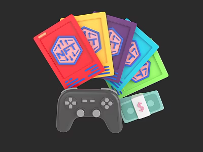 Colorful Game Cards Collection With Game Controller And Dollar Symbol Accessory 3d model