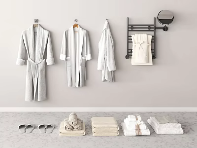 Bathroom Accessories Display Featuring Hanging Bathrobes Wall Racks Folded Towels And Slippers 3d model