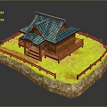 Japanese Style Wooden House With Blue Tiled Roof And Fenced Grass Yard On Stone Base