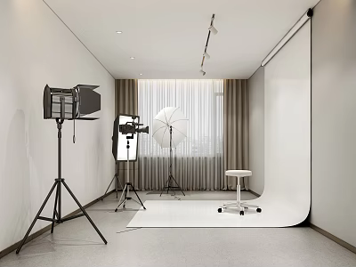 Professional Photography Studio Setup With Lighting Equipment Softbox Tripod And White Stool 3d model