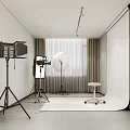 Professional Photography Studio Setup With Lighting Equipment Softbox Tripod And White Stool