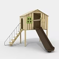 Outdoor Wooden Playhouse For Kids With Stairs Slide And Green Window Design
