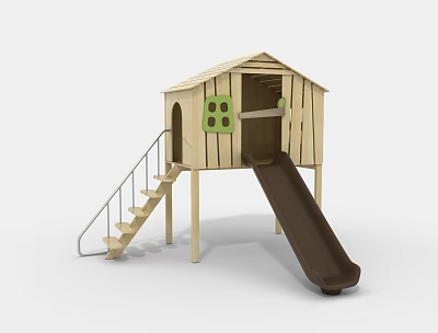 Outdoor Wooden Playhouse For Kids With Stairs Slide And Green Window Design 3d model