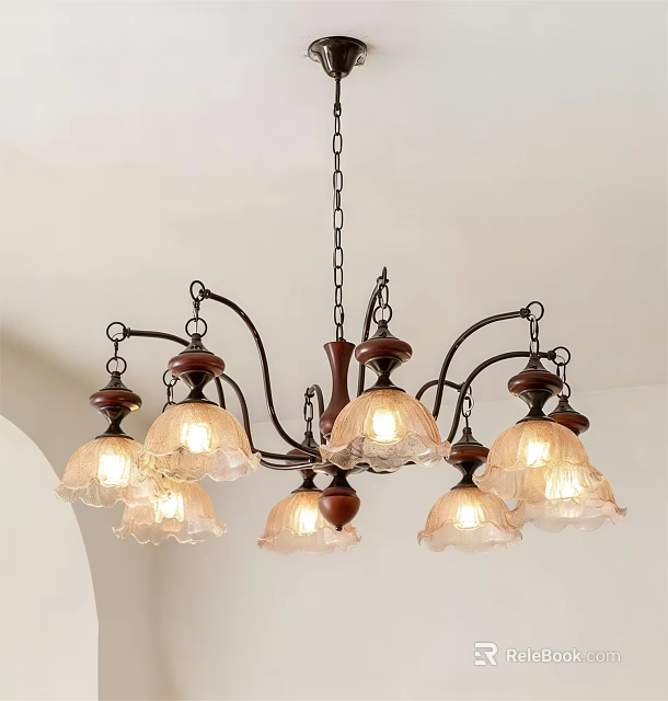 Vintage Chandelier With Multiple Transparent Glass Shades Metal Frame And Wooden Accents 3d model 