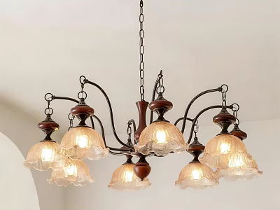 Vintage Chandelier With Multiple Transparent Glass Shades Metal Frame And Wooden Accents 3d model