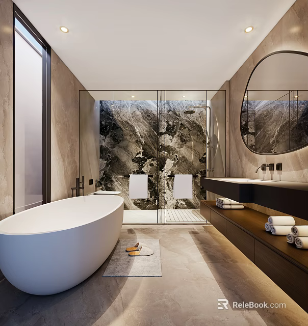 Modern Bathroom Interior Featuring White Bathtub Glass Shower Marble Wall Round Mirror And Black Countertop 3d model 