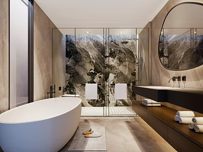 Modern Bathroom Interior Featuring White Bathtub Glass Shower Marble Wall Round Mirror And Black Countertop 3d model