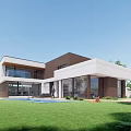 Modern Detached House Exterior With Large Glass Windows Brown White Facade Green Lawn And Trees