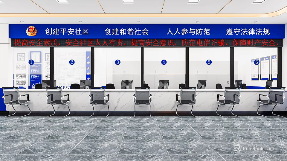 Modern Public Service Hall Featuring Community Safety Posters And Service Counters 3d model 