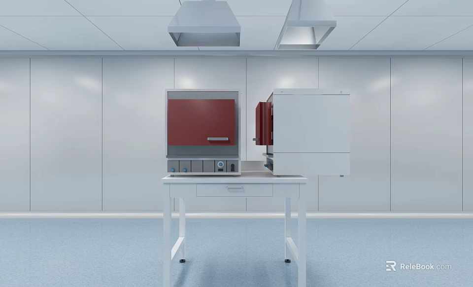 Modern Laboratory Workbench With Red White Equipment And Ceiling Ventilation Hoods 3d model 