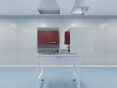 Modern Laboratory Workbench With Red White Equipment And Ceiling Ventilation Hoods 3d model