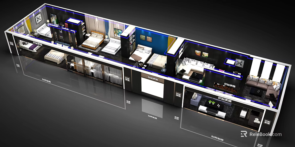 Modern Furniture Showroom With Multiple Display Areas Featuring Bed Sofa And Cabinet Setups 3d model 
