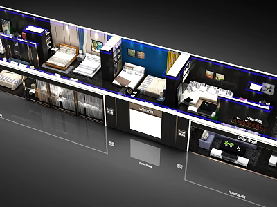 Modern Furniture Showroom With Multiple Display Areas Featuring Bed Sofa And Cabinet Setups 3d model