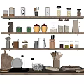 Organized Kitchen Utensils Display on Shelves with Jars Mugs Knives Cutting Boards and Plates