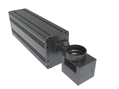 Black Industrial Metal Device With Rectangular Shape Heat Sink And Cylindrical Connector 3d model