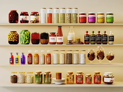 Kitchen Shelves Displaying A Variety Of Spice Jars And Containers 3d model