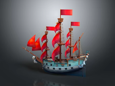 Decorative Sailing Ship Model With Red Sails Blue Hull And Wooden Masts 3d model