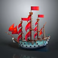 Decorative Sailing Ship Model With Red Sails Blue Hull And Wooden Masts