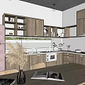 Modern Kitchen Interior With Wooden Cabinets Refrigerator Dining Table Chairs And Blue Rug