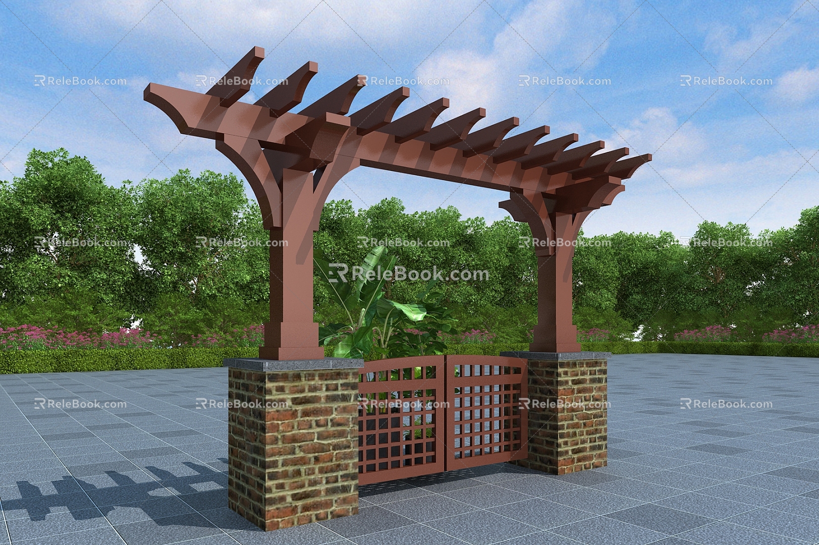 Modern Flower Rack Vine Rack Corridor Rack Wooden Flower Rack Courtyard Door 3d model