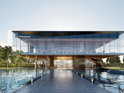 Modern Sales Office Building Architecture With Glass Facade Waterfront View And Entrance Walkway 3d model