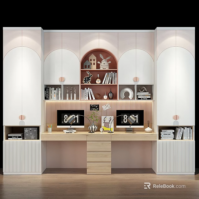 Modern White Bookcase With Arched Design Integrated Desk Computer Monitors And Decorations 3d model
