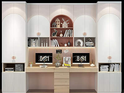 Modern White Bookcase With Arched Design Integrated Desk Computer Monitors And Decorations 3d model
