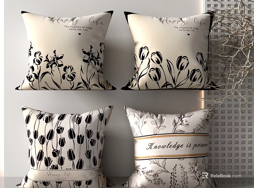 Stylish Throw Pillows Featuring Black And White Floral Designs And Knowledge Is Power Quote 3d model 