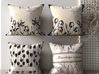 Stylish Throw Pillows Featuring Black And White Floral Designs And Knowledge Is Power Quote 3d model