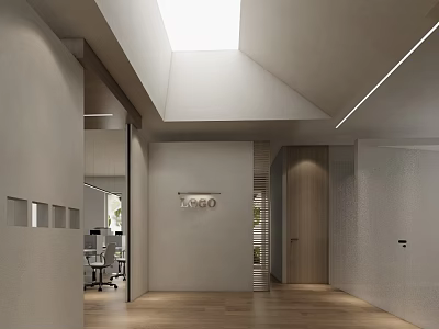 Modern Office Reception Area with Minimalist Design Wooden Flooring Recessed Lighting and Logo Wall 3d model