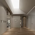Modern Office Reception Area with Minimalist Design Wooden Flooring Recessed Lighting and Logo Wall